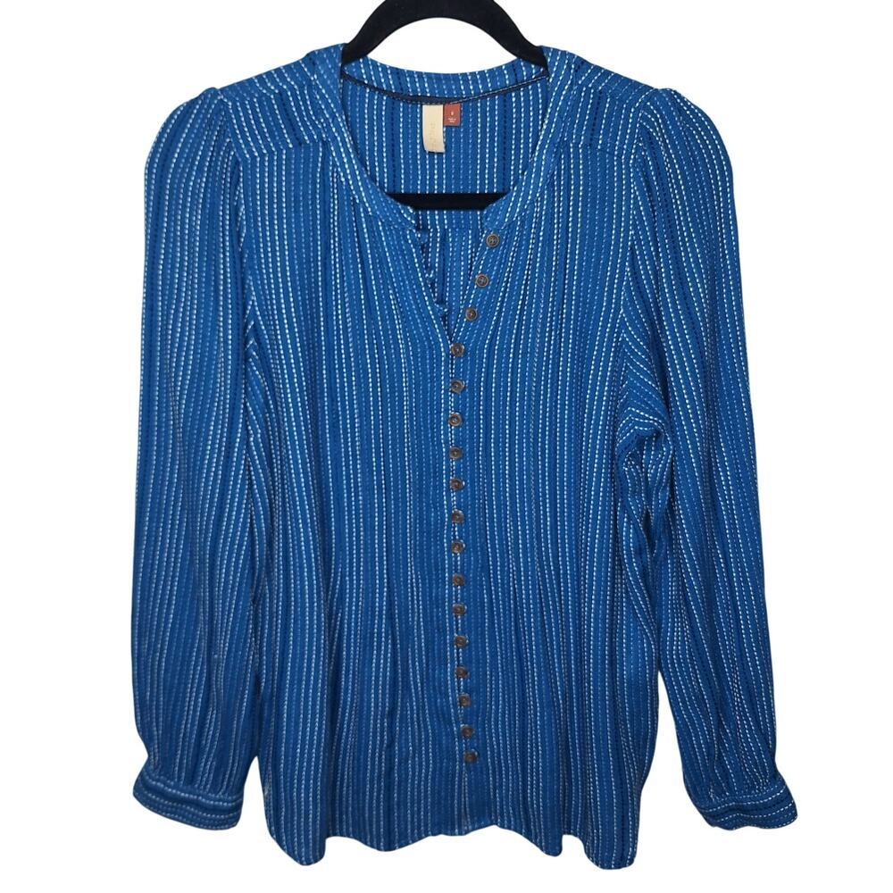 Anthropologie Pilcro Pintuck Top Long Sleeve Button-Down Small Striped Career